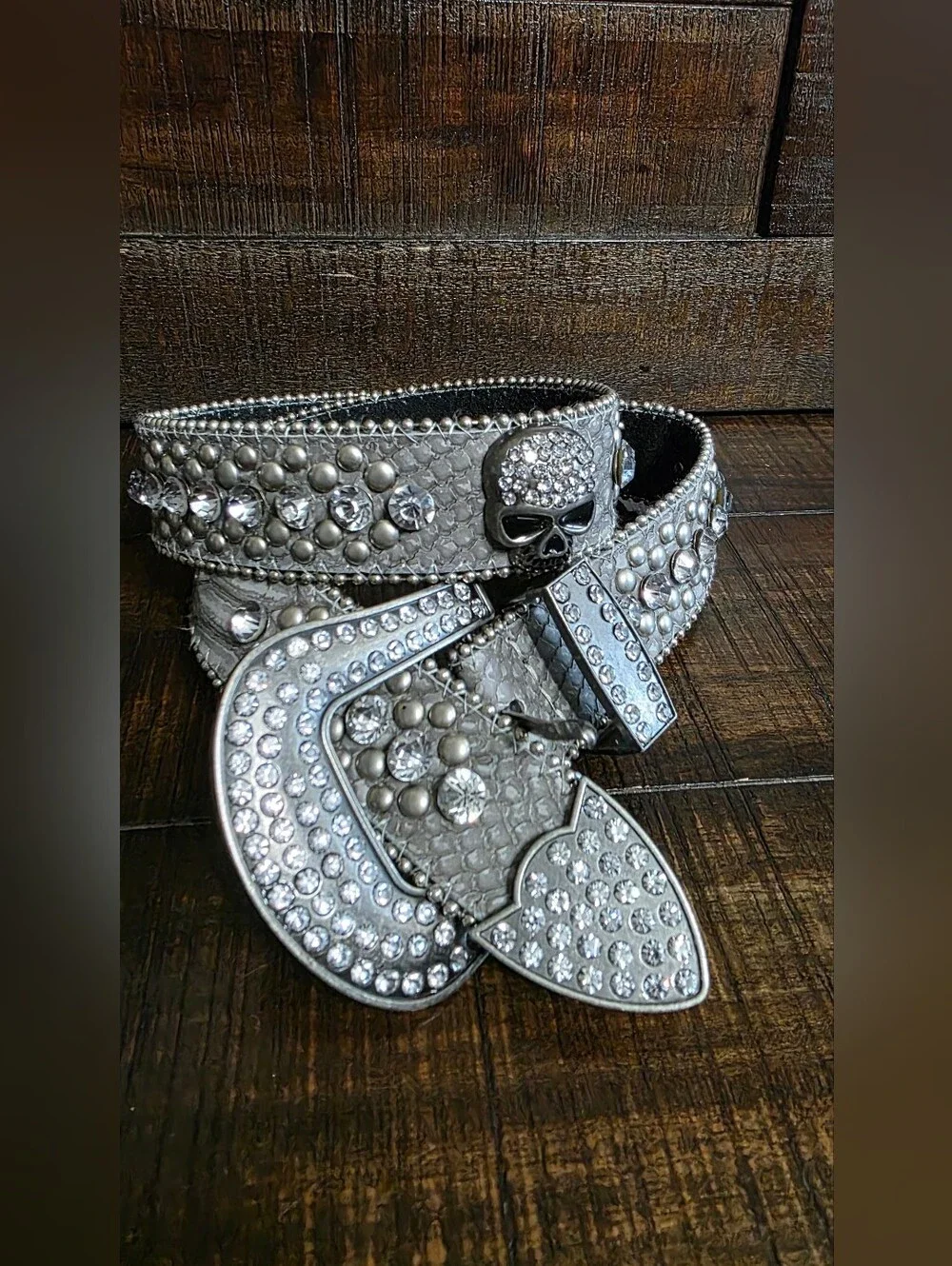 Skull And Rhinestone Studded Snakeskin Belt Grey Blingy 35